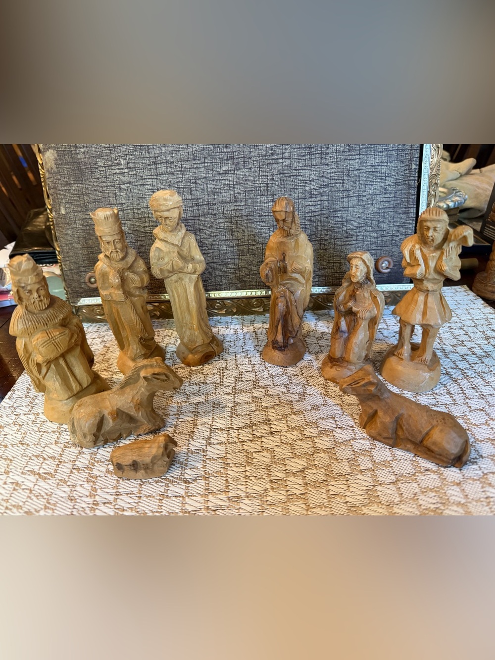 Vintage hand carved wood nativity set 9 pcs